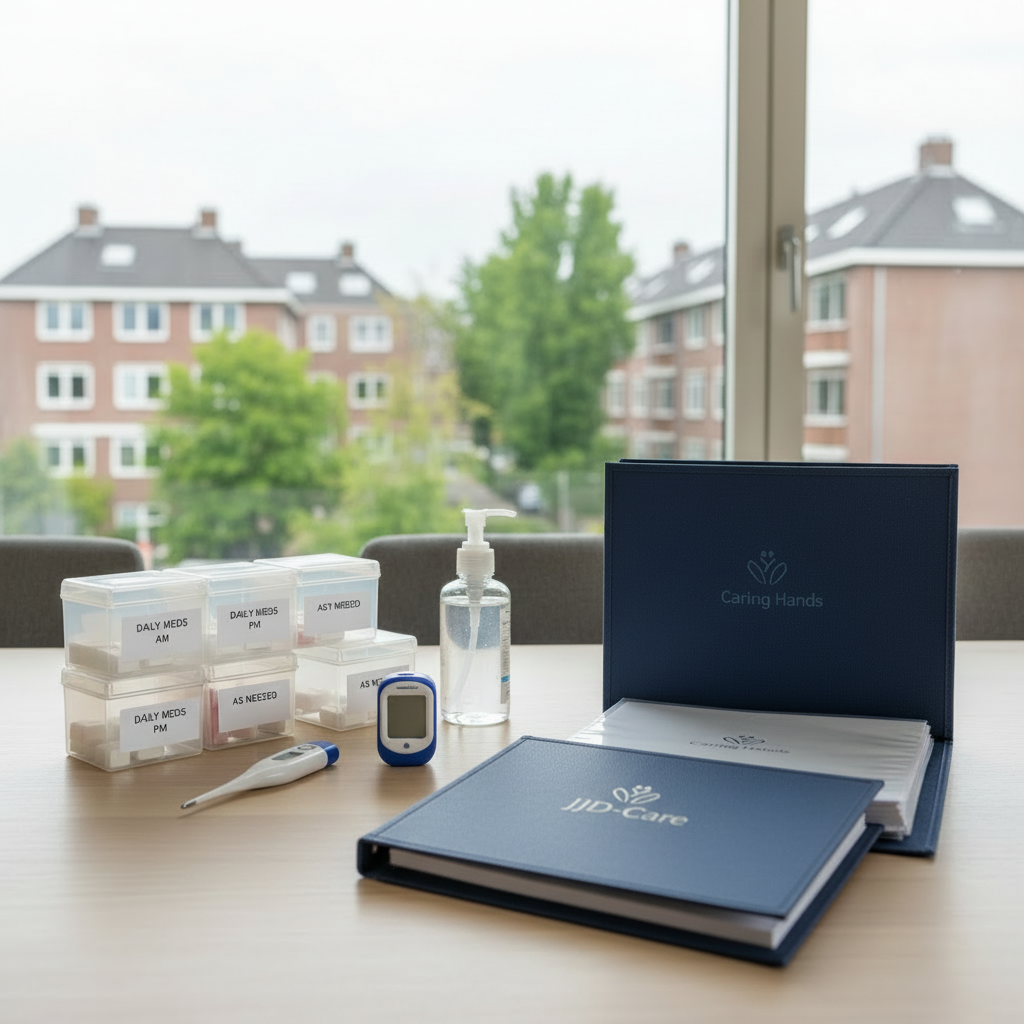Same scene and composition as existing organized home care workstation image, but with the JJD-Care logo subtly and neatly integrated on a folder, document, or small label; keep colors, lighting, and overall style consistent and uncluttered.