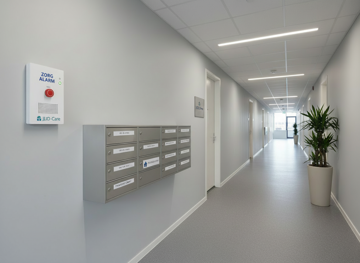 Same scene and composition as existing hallway care alarm image, but with the JJD-Care logo subtly and neatly integrated on the care alarm panel or a small door sign; keep colors, lighting, and overall style consistent and uncluttered.