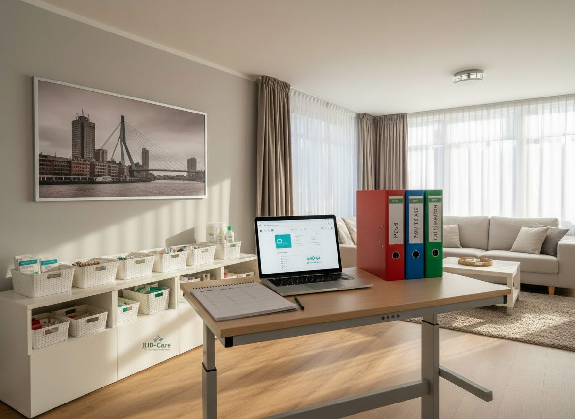 Same scene and composition as existing living room care planning image, but with the JJD-Care logo subtly and neatly integrated on the laptop screen, binder, or document; keep colors, lighting, and overall style consistent and uncluttered.