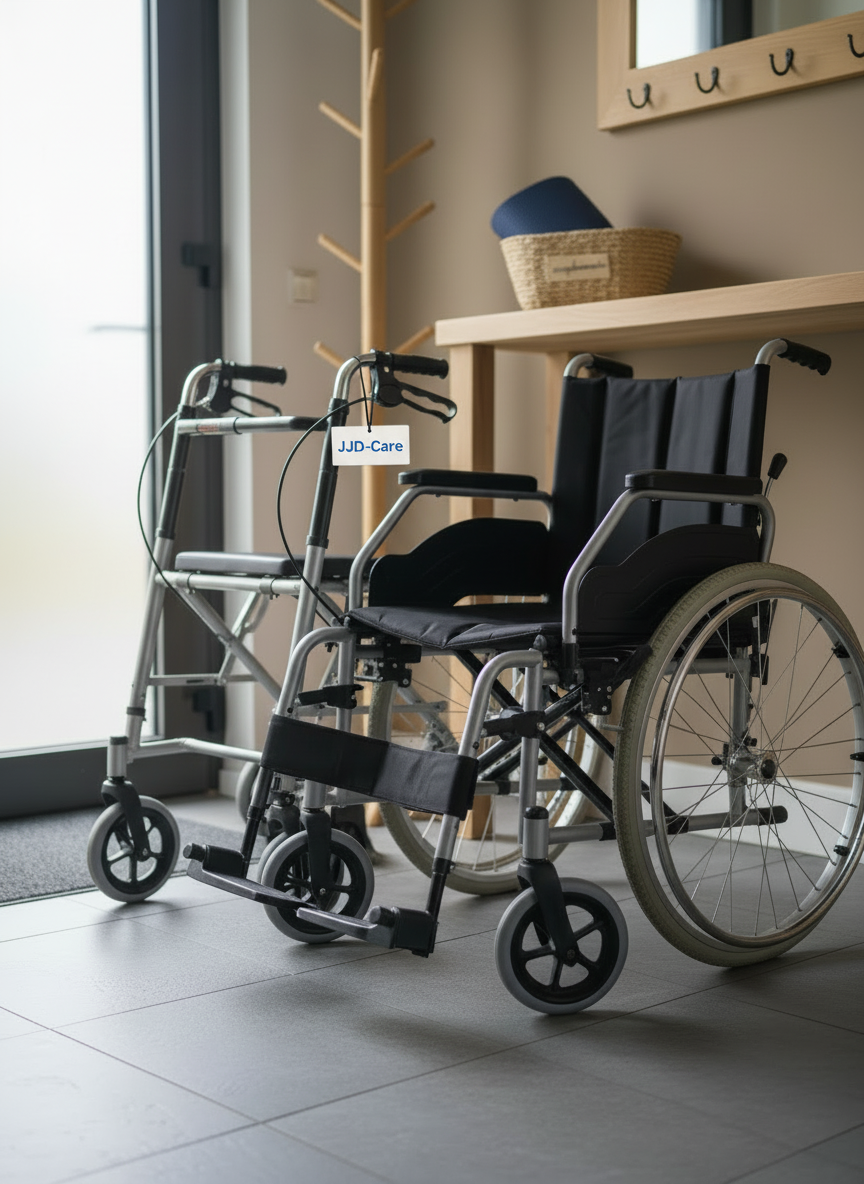 Same scene and composition as existing contact wheelchair and walker image, but with the JJD-Care logo subtly and neatly integrated on a small sign, document basket label, or mobility aid tag; keep colors, lighting, and overall style consistent and uncluttered.